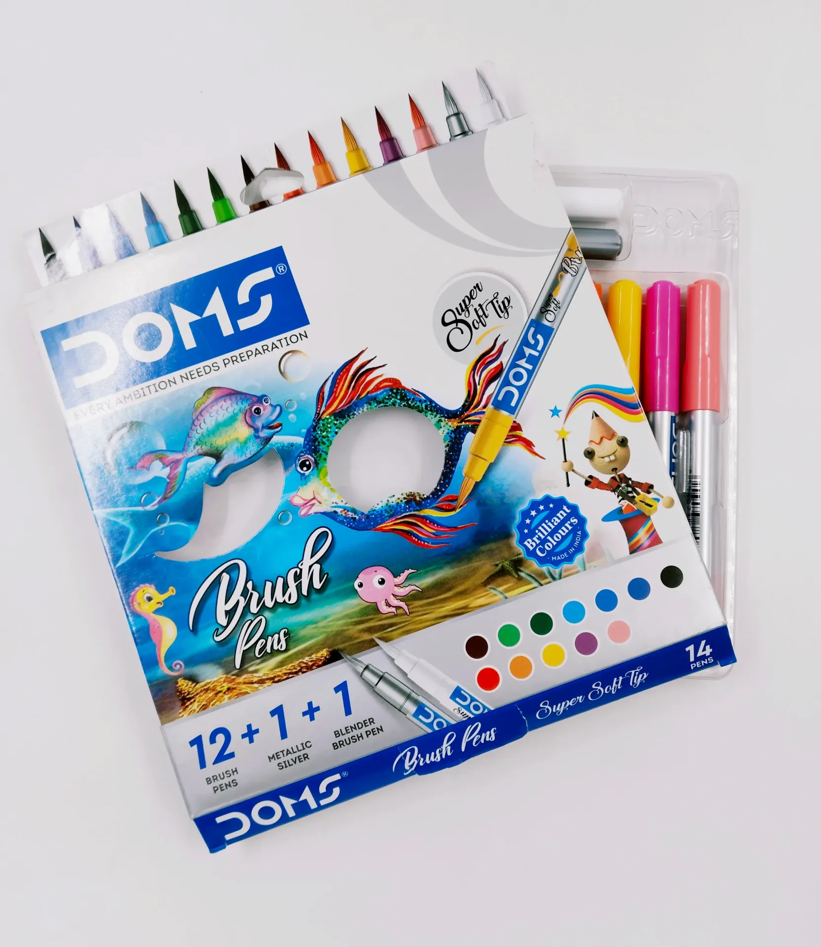 Doms Super Soft Tip Brush Pens (14 Shades | 12 + 1 + 1) (Pack of 1)