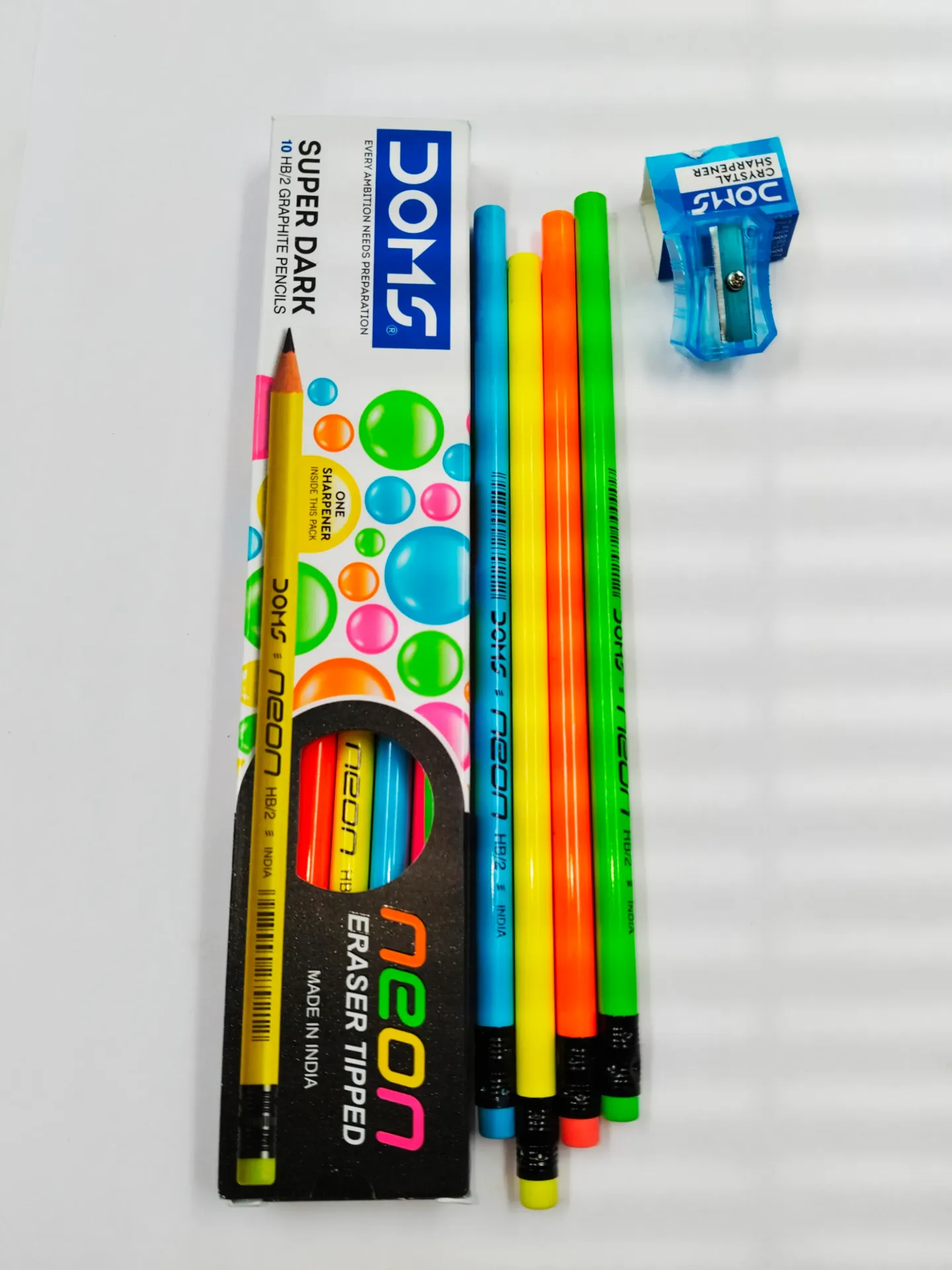 Doms Neon Pencil Box| Pack contains 10 Pencil with rubber Attached and a Sharpener.