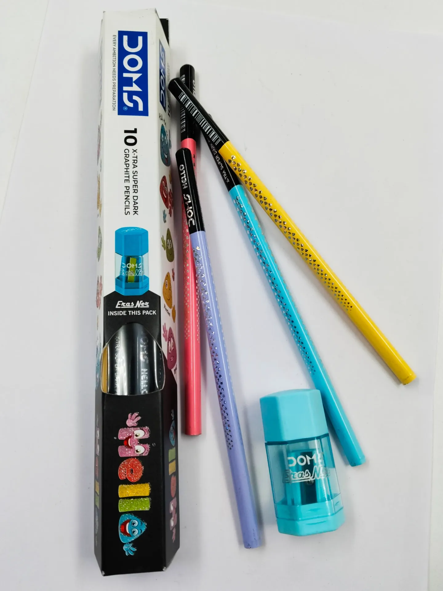 Doms Hello Pencil Box | X-Tra Dark Graphite Pencils Pack Contains 10 Pencils and 1 Eraser+Sharpener