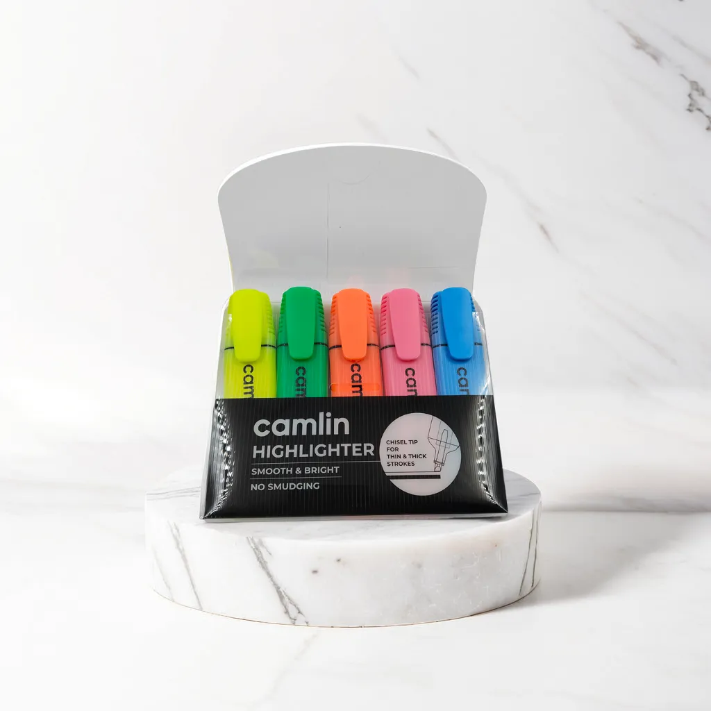 Camlin Highlighter| Smooth and Bright | No Smudging Pack contains 5 Highlighter