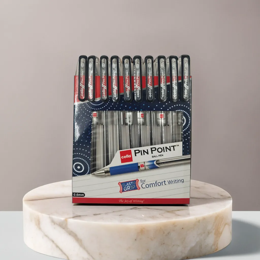 Cello Pin Point Ball Pens 0.6mm Tip, Elastic Grip Pack of 10 Pens for Students and Offices Best for Exams | 0.6mm Ball Pens Black Ink.