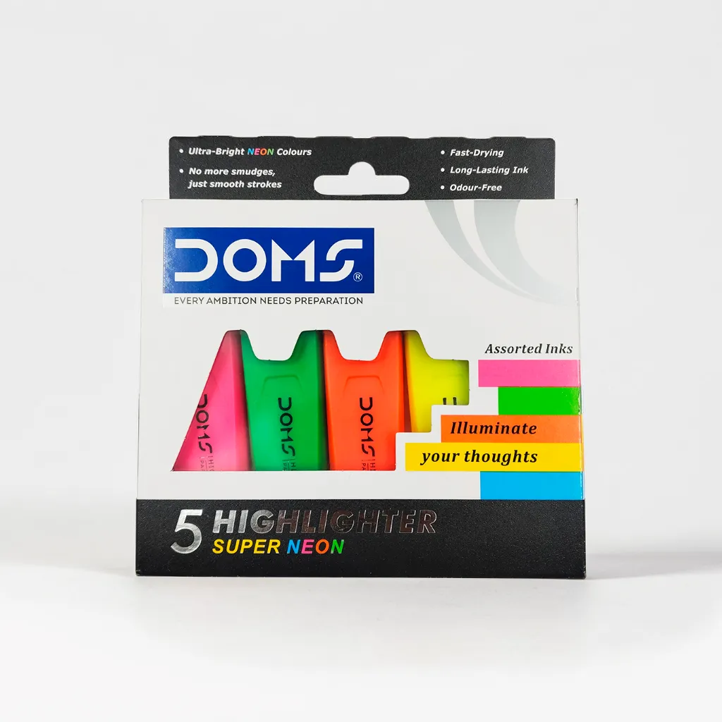Doms Super Neon Highlighter| Fast Drying, Long Lasting Ink and Odour free| Pack Contain 5 Highlighter | Box Contains 10 Pack